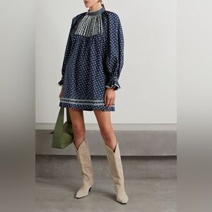 Doen Blue and Cream Smocked Tiered Dress with Bishop Sleeves